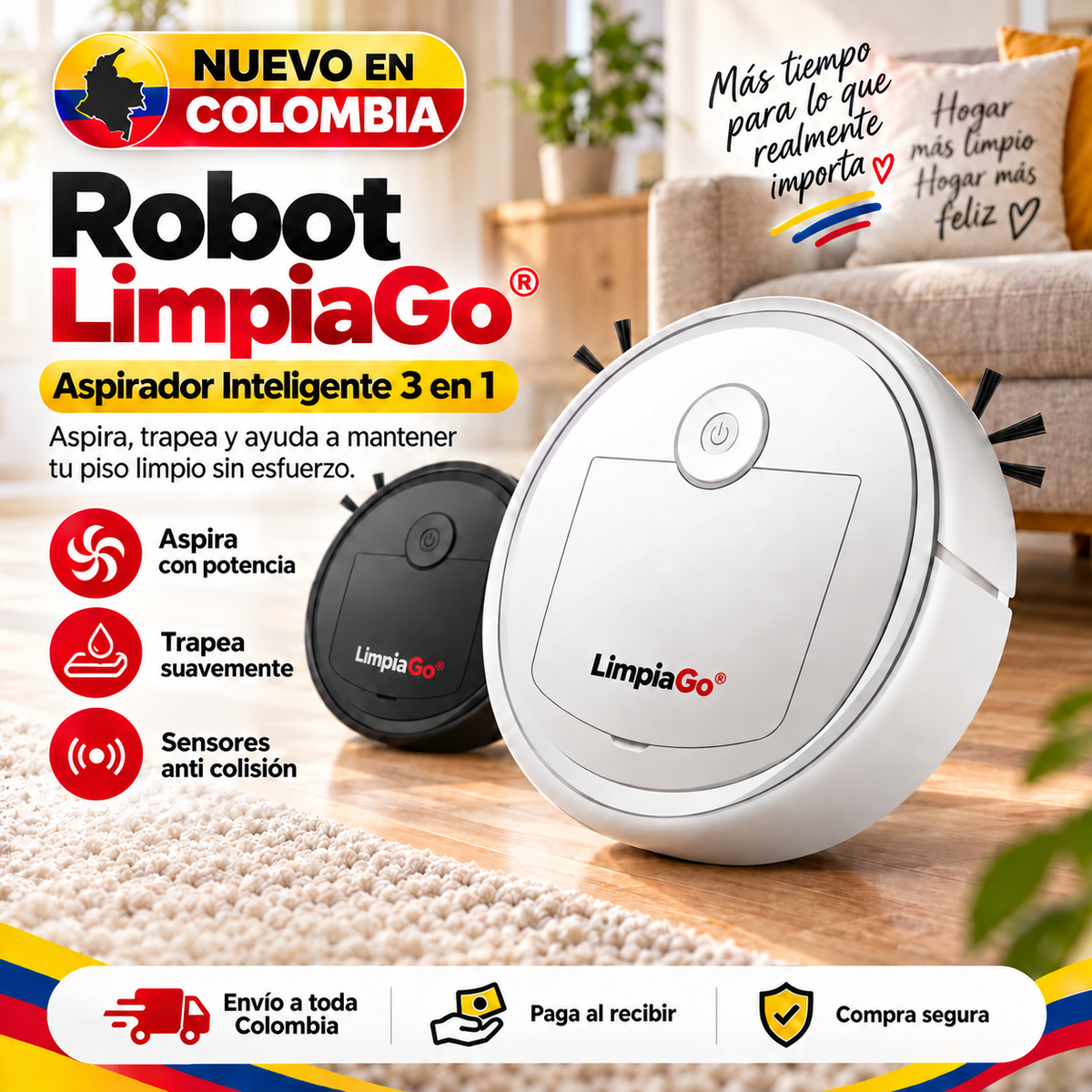 Robot LimpiaGo® – Aspirador Inteligente 3 en 1 con Sensores Anti Colisión